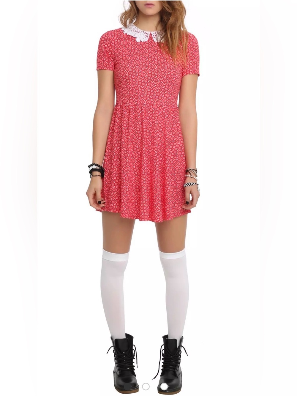 Hot Topic Runaway Red Skull ditsy floral print Doily Collar gothic dress NWT XXL